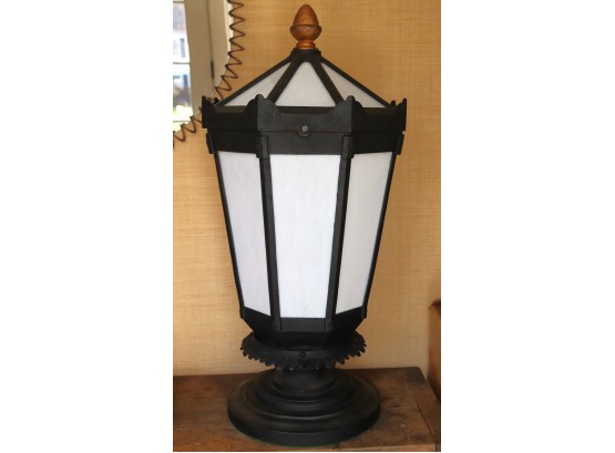Large Heavy Cast Metal Lantern Lamp With Slag Glass Inserts