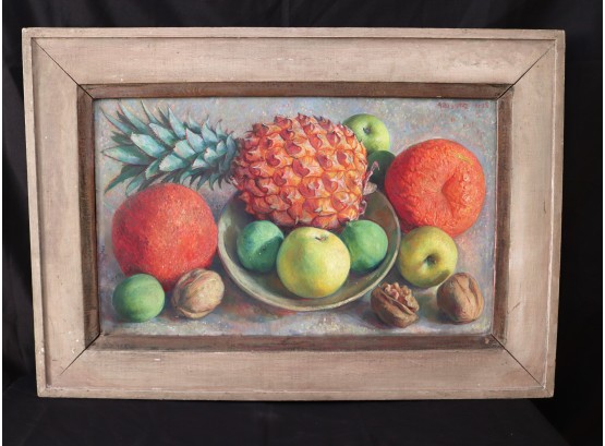 Vintage Still Life With Pineapple Painting On Canvas By Rossier 1938
