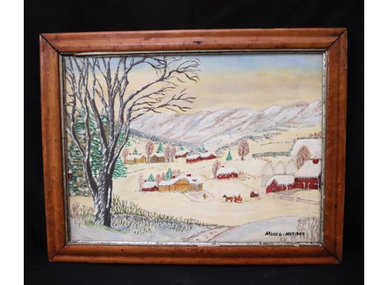 Forrest K Moses Folk Artist Mountain Scene Painting On Board By Moses May 1949 In Attributed To Forrest Moses