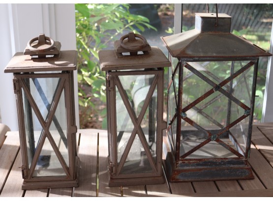 Set Of 3 Rustic Candle Lanterns, Very Heavy Made From Iron With A Nice Rustic Patina From Outdoor Use!