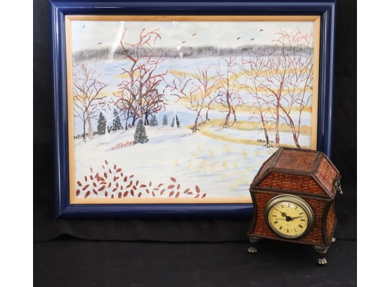 Water Color In Frame Durango, Col 1989 Signed By The Artist Includes A Small Decorative Wicker Clock Trin