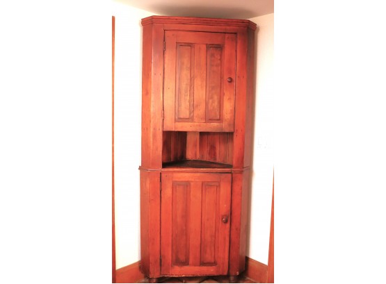 Antique 2 Piece Wood Corner Cabinet, Contents Are Not Included Painted Light Blue On The Interior