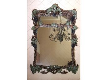 Large Hand Carved Grape Vine Framed Mirror Finished In Antique Wood With Hand Painted Detail, 40-Inch X 60