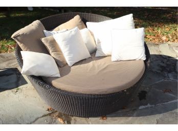 Large Circular Outdoor All Weather Wicker Lounge By Janus Et Cie On Wheels, Includes Cushion & Pillows