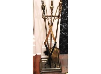 Set Of Brass Fireplace Tools With Stand