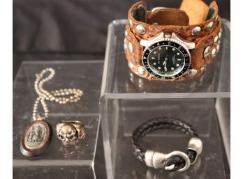 Fashion Jewelry Includes Red Monkey Quartz , Large Sterling Skull Bracelet, Braided Bracelet With Stamp &