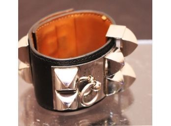 Hermes Paris Collier De Chien Bracelet Black Leather With Silver Hardware Includes Velvet Pouch, Marked M L 4