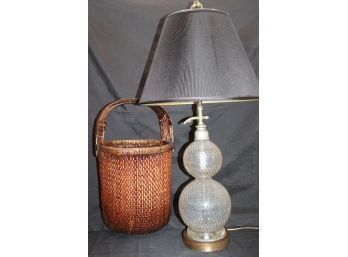 Large Woven Wood Basket With Handle & Vintage Seltzer Bottle Style Lamp Encased In A Chicken Wire Mesh
