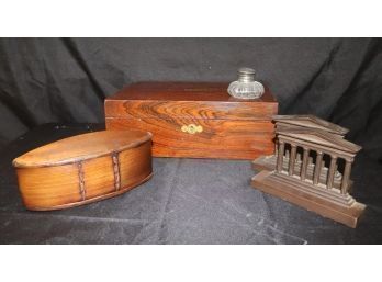 Vintage Wood Box With Brass Inlay Detail On The Top & Iron Bookends, Includes A Vintage Ink Bottle