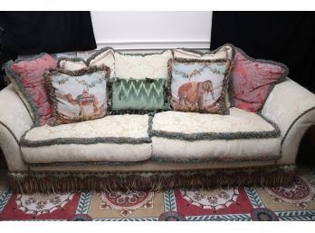 Classic Upholstered Sofa With Decorative Textured Fabric Includes Assorted Accent Pillows, Very Comfortabl