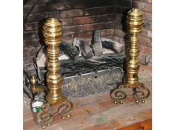 Stunning Pair Of Large Vintage Brass Colonial Style Andirons