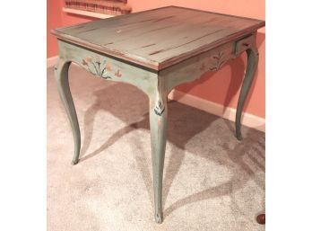 Country French Style Game Table In A Distressed Blue Finish With Painted Floral Accent