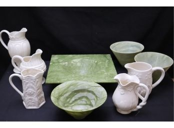 Large Flat Rim Jade Bowl, Collection Of Twos Company Pitchers & Polished Stone Bowls