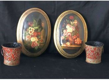 Vintage Lacquered Floral Still Life Wall Plaques Includes 2 Decorative Embossed Canisters