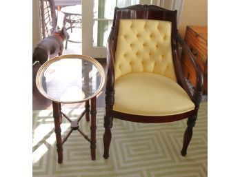 Carved Wood Chair With Custom Tufted Upholstery On Both Sides & Carved Highlights, Includes Brass Tray Ta