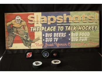 Wood Slapshots Hockey Sign Decor With Hockey Puck Collection, Includes 2 Signed Pucks