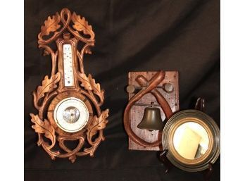 .Vintage Carved Wood Veranderlyk Barometer, Small Mirror & Vintage Metal Bell With Wood Mount