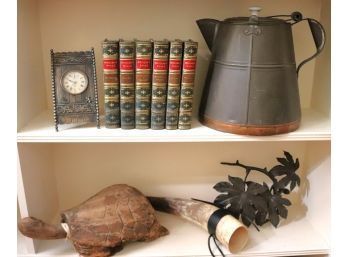 Collection Of Antique Schiller's Works Books 1881, Vintage Clock Carved Driftwood Turtle, Horn, Vintage T