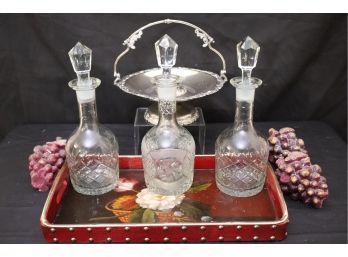 Set Of 3 Etched Glass Decanters With Decorative Serving Tray, Grape Cluster Candle Decor & Vintage Wilcox