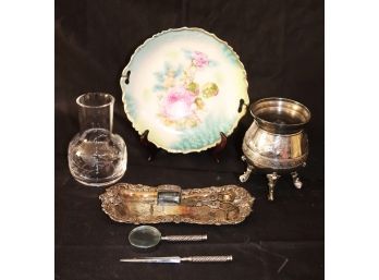 Vintage Candle Snip, Painted Floral Plate, Etched Serving Tray, Magnifying Glass & Letter Opener Etched G