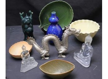 Asian Collection Includes Buddha Glass Sculpture & Candle, Metal Dragon Sculpture, Blue Vase