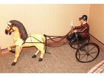 Large Carved Wood Horse & Jockey With A Metal Carriage With Repair
