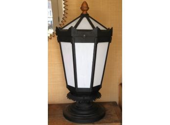 Large Heavy Cast Metal Lantern Lamp With Slag Glass Inserts