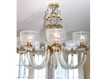 Vintage English Crystal 8-Arm Chandelier With Etched Glass Shades & Brass Fittings