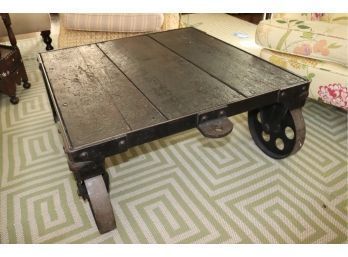 Amazing Rustic Coffee Table Made From Rustic Wood. Metal , Vintage Metal Wheels, Miners Revival