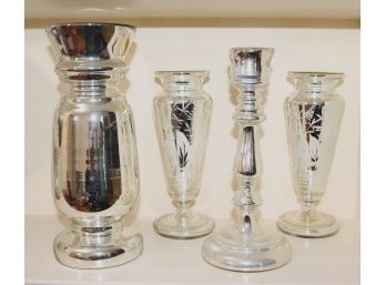 Collection Of Mercury Glass Includes 2 Vases With Etched Design
