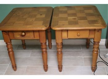 Pair Of Pine Wood Side Tables With A Parquet Like Surface