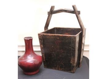 Vintage Rustic Wood Basket Includes A Large Ceramic Vase With Designed Rough Edges