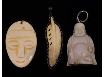 Three Bone Pendants Include Buddha, Feather & Mask