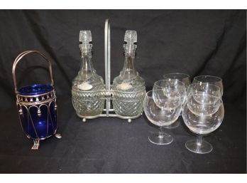 Vintage Etched Decanter Set With A Stand Includes An Ice Holder & 6 Wine Glasses