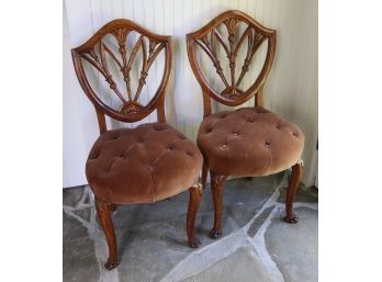 2 Vintage Carved Wood Diminutive Chairs, Custom Tufted Seats With A Dark Velvet Like Fabric & Carved Flor