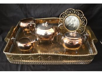 Antique Reed & Barton Silver Plate Tea Set Includes A Large Ornate Vintage Brass Serving Tray With Pierce