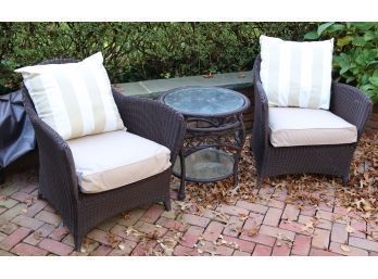Set Of 2 Janus Et Cie Some Outdoor Faux Wicker Chairs With Side Table