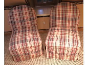 Pair Of Small Chairs With A Plaid Linen Skirted Fabric, Very Comfortable