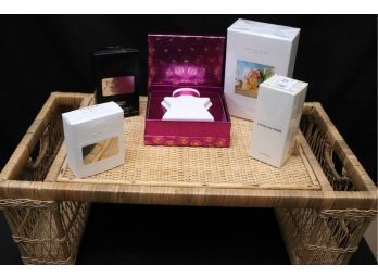 Perfumes & Wicker Tray: On The Road Timothy Hahn, Turbulences By Louis Vuitton, Creed Aventus, Bond Lotion