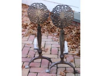 Pair Of Heavy Ornate Iron Fireplace Andirons With Ornate Features