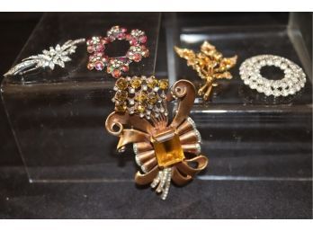 Collection Of Fashionable Pins Includes A Piece By Ciner & Vintage Ribbon Pin