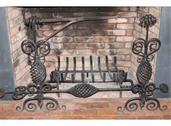 Large Set Of Antique Open Twist Forged Iron Andirons Includes Heavy Iron Log Holder & Decorative Cross Bar