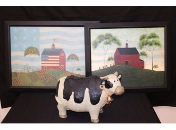 Americana Folk Art Prints On Board &  Large Hand Carved Painted Wood Cow Great For Your Rustic Country Dec