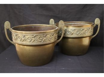 Pair Of Ornate Vintage Brass Planters With Embossed Detail