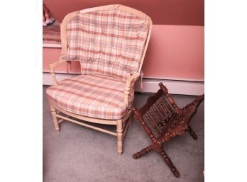 Bernhardt Flair Division Custom Chair Made From Pine With A Custom Plaid Linen Fabric, Vintage Wood Magaz