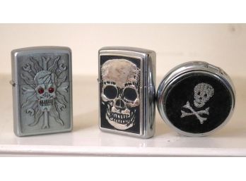 2 Zippo Skull Lighters & Pill Box With Skull Design