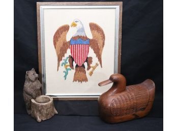Vintage Americana Includes Hand Stitched Eagle Needlework, Carved Wood Duck Stash Box & Ceramic Bear