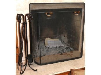 Antique Iron Fireplace Tool Set With Stand Includes Screen