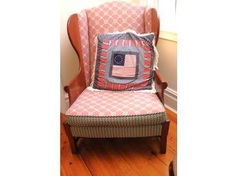 Wingback Wood Chair With Custom Fabric & Pillow