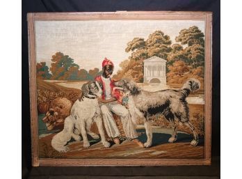 Vintage Handmade Ethnic Tapestry Scene Of Young Boy With His Dogs